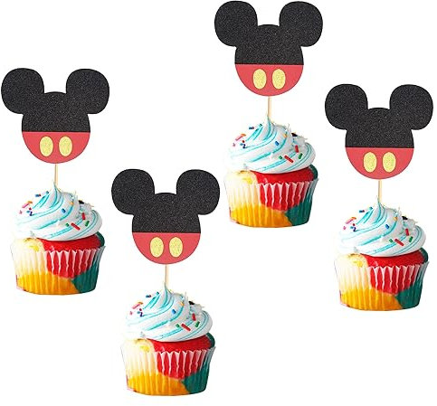 Arthsdite 24Pcs Mouse Inspired Cupcake Toppers with Pink Bow Gold Glitter Mouse Cake Decorations for Baby Shower Wedding Kids Birthday Party Cake Decorations Supplies - Black Red Glitter