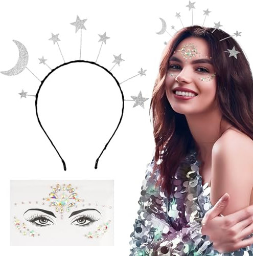 BOFUNX Sterne Mond Haarreif Silber Haarband Glitter Stirnband + Glitzer Gesicht Sticker Strasssteine Gesicht Tattoos für Fasching Karneval Halloween Musikfestival Party