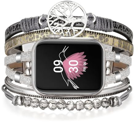 SKIMEMRY Boho Leather Bracelet Compatible for Apple Watch Band 38mm 40mm 41mm 42mm 44mm 45mm Women, Handmade Multilayer Wrap Beaded Jewelry Apple Watch Strap for iWatch Series 9 8 7 6 5 4 3 2 1 SE