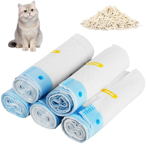 LUFEIS 75 Stück Mülltüten, Mülltüten mit Tragegriff, Selbstreinigende Katzentoilette, Katzentoilettenbeutel Selbstreinigende Katzentoilette mit Zugbändern, Flüssigkeitsdicht Strapazierfähige-5 Rollen