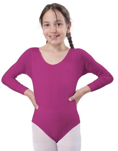 Maglia da balletto a maniche lunghe con collo rotondo, da bambina, per danza e ginnastica, Fucsia, 10 anni