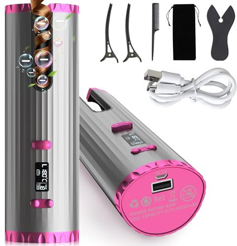 Automatic Hair Curler, Wireless Curling Iron Anti-Tangle, with USB Cable, 5000mAh Rechargeable, 6 Temperature & Timer, Portable Ceramic Hair Curling Wand for Long & Short Hair Styling (Gray)