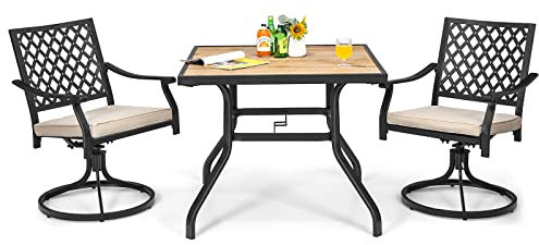 COSTWAY 3PCS Patio Bistro Set, Metal Frame Garden Table and Swivel Rocking Chairs Set with Cushions, Outdoor Dining Conversation Furniture Set for Balcony Yard Poolside(2 Chairs+Table)