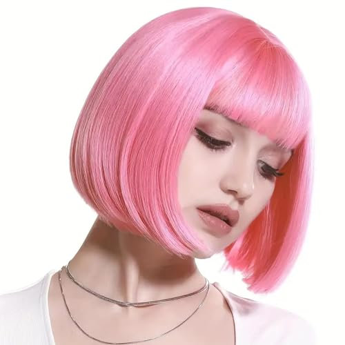 Creamily Perücke Kurze Bob, glatte Bob-Perücke mit Pony für Damen, glatte Bob-Perücke, synthetische Cosplay-Perücke, Bob für Damen, bunte Kostümperücke (Rosa)