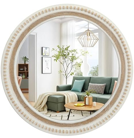 RiteSune Runder Wandspiegel, Weiß gerahmte Holz Spiegel für die Wand, Rustikaler großer Spiegel Wand, Dekorative Wandspiegel 61 * 3,5 cm für Wohnzimmer, Schlafzimmer, Spiegel Bad