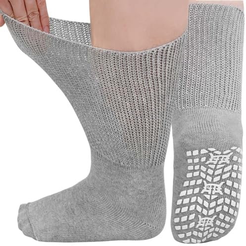 LOFIR Diabetiker Socken Herren Damen: Diabetikersocken Ohne Gummibund Baumwolle Herren ABS Socken Extra Breiter Gürtel Ohne Naht Antirutsch StopperSocken für Geschwollene Füße Grau 3 Paare 39-46