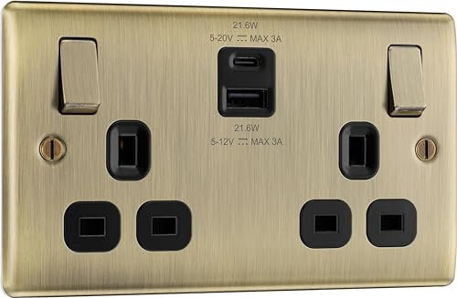BG Electrical Double Switched Wall Plug Socket with Fast Charge USB A and USB C Charging Ports, Nexus Metal, Antique Brass, 13A, 22W, NAB22UAC22B