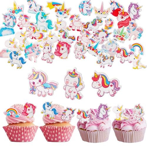 OSDUE Adornos Comestibles para Pasteles, 80 Piezas Tapas de Pastel de Unicornio, Decoración de Cupcakes, Flores de Papel de Oblea para Tartas de Bodas, Cumpleaños, Fiestas