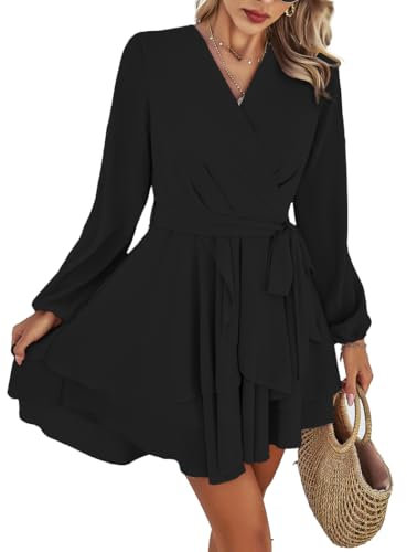 Jiraewh Damen Chiffon Kurz Kleid V-Ausschnitt Langarm Sommerkleid Tunika Kleider Einfarbig Elegant Rüschen Minikleid Casual Swing Skater Partykleid Wickelkleid Hohe Taille mit Gürtel(6019- BK M)