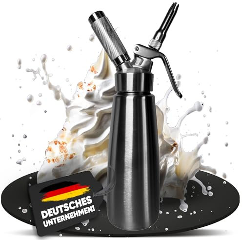 NEMT Edelstahl Sahnespender 0,5L Schlagsahne Sahnesiphon Silber mit 3 Spritzdüsen und Reinigungsbürste für N2O-Kapseln (Nicht Enthalten)