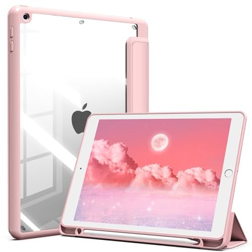 Lsmmpoba Hülle für iPad 9./8./7. Generation 10.2 Zoll, Rosa | Modell 2021/2020/2019 mit Stifthalter, Stoßfeste Schutzhülle mit transparenter Hartschale auf der Rückseite mit Standfunktion