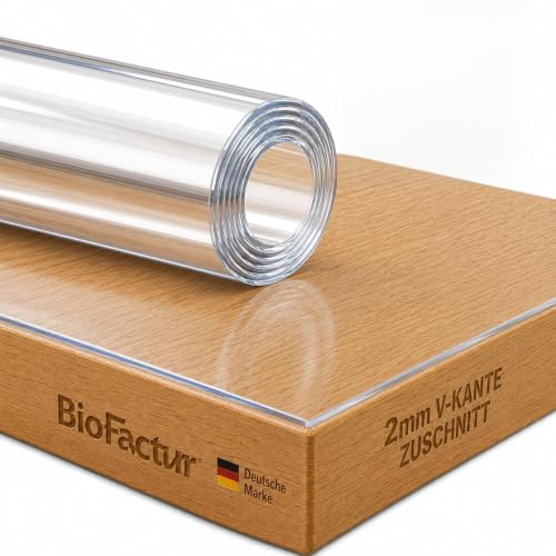 BioFactur Tischfolie Transparent nach Maß mit V-Kante, 2 mm PVC Tischschutz | Glasklare Tischauflage, Abwaschbar & Lebensmittelecht, 100x150 cm