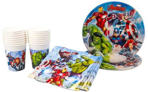 SPARKLERS CLUB Pack de fête Marvel Avengers, Lot de 52 pièces, 16 assiettes, 16 gobelets, 20 serviettes, vaisselle jetable, vaisselle de fête, décoration de table