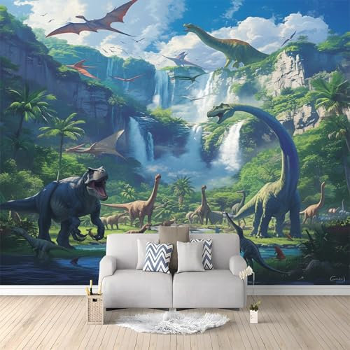 Tapete Fototapete 3d Effekt Dinosaurier Mit Tiermotiv Wandbild Wanddeko für Wohnzimmer Schlafzimmer, GrüN Vlies Tapeten mit Geruchsfreiheit Wandposter Wandkunst, 350x256cm