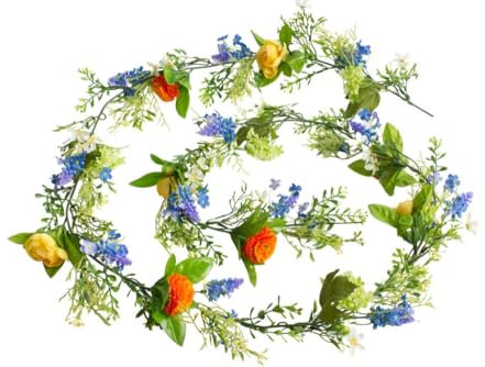 künstliche Blütengirlande/Frühlingsgirlande mit Ranunkeln, Bellis, Hyazinthen und Blättern, Farbe: weiß-gelb-orange-blau