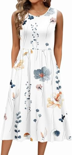 Damen Sommerkleid Ärmellos Rundhals Elegant Blumenkleid Freizeitkleider A Linie Midi Tank Kleider Kleid mit Taschen Strandkleid