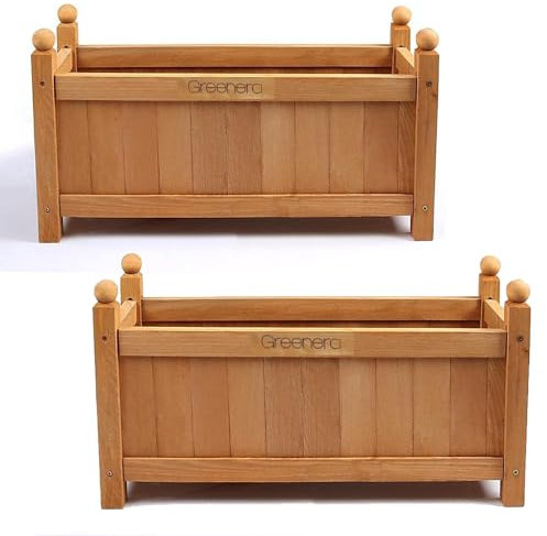 Vivo Technologies Set of 2 Wooden Garden Planters Large Outdoor Flowers Plant Pot Rectangular Garden Planters Planting Raise Bed Patio Decking, 60x20x34 cm, Natural