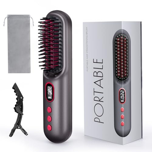 SOPPY Cordless Negative Ion Hair Straightener Brush - 25s Fast Heating, 11 Temp Settings (120°F-220°F), 9000mAh USB Rechargeable，Heated Hot Comb for All Hair Types - Black