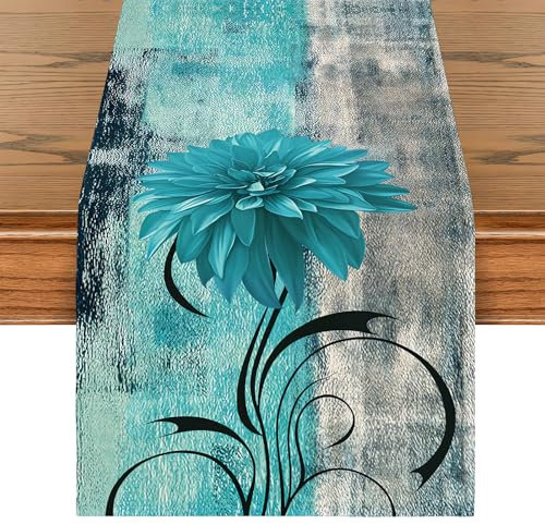 Runner da Tavolo Turchese Retrò Fiori Runner da Rustico Tavola Gigli Blu Verdi Decorazioni Tavolo Motivo Floreale Autunno Cucina per Caffè Feste Matrimonio Vacanze Feste 33 x 183 cm