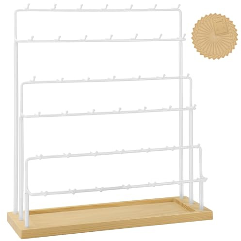 RNTBWD Earring Display for Vendors 6 Tier 42 Hooks Wood Earring Display Rack Holder for Earings Necklaces Rings Bracelets Keychains (White)