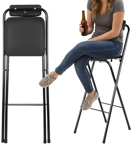 Barhocker Klappbar, Sitzhöhe 50/60/70/80/90cm, Runder Küche Frühstück Stuhl, Tragbarer Klapphocker Mit Rückenlehne, Stehstuhl Für Kleine Bars, Büros, Gitarrentische, Theken(Black,H90cm)