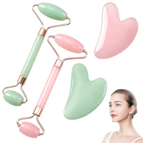 Set con rullo di giada verde e rosa al quarzo e set Gua Sha, set con rullo e gua sha, giada rosa, strumenti per massaggio facciale, pietra Gua Sha, anti-invecchiamento e rilassamento della pelle, per