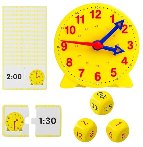 PDirat Lernuhr Grundschule, Lernuhr, Demonstrationsuhr Modell, Geschenke zur Lernuhren für Junge Mädchen, 1 Set mit 3 Würfeln und 12 Zeitkarten