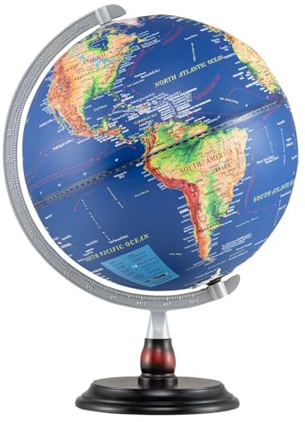 COSTWAY Illuminated World Globe, 30cm Light up Rotating Globe Night Lamp with Wooden Stand, Geography Educational Desktop Decoration for Home Office School