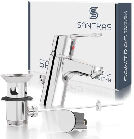 SANTRAS® Waschtischarmatur Bad in Chrom mit Zugstange & Exzenter Ablaufgarnitur – Einhebelmischer-Mischarmatur warm/kalt für 1-Loch Waschbecken – Wasserhahn mit Ablaufgarnitur