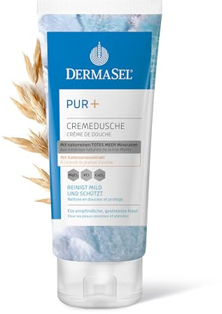 DermaSel® Totes Meer PUR+ Cremedusche | Hafersamen | 200 ml | milde Duschpflege für empfindliche, gestresste Haut, mit Hafer & Meeresmineralien, beruhigend, ohne Silikone, vegan