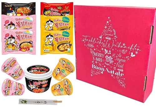 Das Weihnachtsgeschenkset enthält 12 (Christmas lucky number) Ramen:1*Original-1*Double Spicy-2*Carbonara-2*Cheese-2*Carbonara Cup-2*Cheese Cup-1*Original Rice Cake-1*Einweg-Essstäbchen