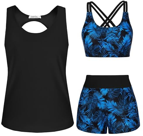 JASAMBAC 3-teiliger Tankini Damen Bauchweg, Push-up-Bikinioberteil und High Waist Badeshorts, einfache Badebekleidung, Damen-Sport-Badeanzug, Bademode für Schwimmbad, Strand