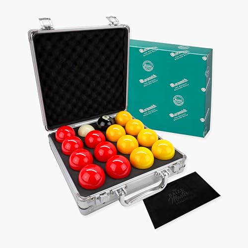 BAIZE MASTER Aramith Premier Red and Yellow 2” (50.8mm) English Pool Ball Set with 1 7/8” (47.6mm) Cue Ball – Free Microfibre Cleaning Towel – Pubs, Clubs, Leagues and Home