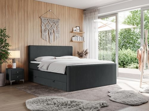 MKS MEBLE Boxspringbett Doren King 180x200 cm, Polsterbett mit Kopfteil und Bettkasten, Bett mit Multipocket-Matratze H4, Boxspringbett mit Topper Visco - Dunkelgrau Struktur