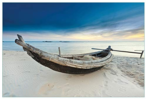 Wallario Küchenrückwand selbstklebend 90 x 60 cm, Motiv: Fischerboot am Strand mit Sonnenuntergang | Spritzschutz abwischbar & pflegeleicht