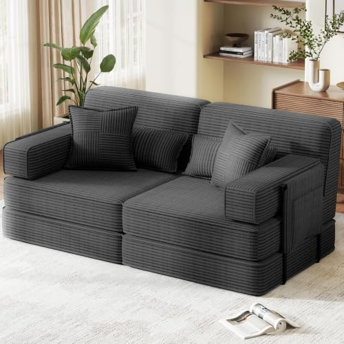 Boneless Sofa, 190cm 5-in-1 Convertible Corduroy Modular 2-3 Seater Sofa Bed with Storage & 4 Pillows, Floor Futon Couch for Living Room Bedroom, Grey
