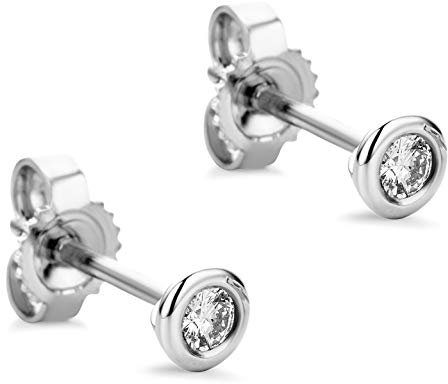 Orovi Schmuck Damen runde Solitärohrstecker mit 2 natürlichen Diamanten im Brillantschliff 0.10 CT in einer Zargen Fassung Zeitlose klassische Ohrringe aus Weißgold 14 Karat / 585 Gold