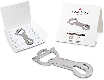Geschenkartikel: ROMINOX Key Tool // Snake, 18 Funktionen, Keytool Schlüsselanhänger, Einkaufswagenlöser, Edelstahl Multitool + Funktionsbeschreibung, Multifunktionswerkzeug, Reisen oder Urlaub