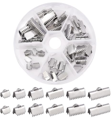 PH PandaHall 36 pcs 304 Stainless Steel Ribbon Ends/Clamps, Cord Ends Crimp Ends Jewellery Making Findings, 6 Sizes, Stainless Steel Color