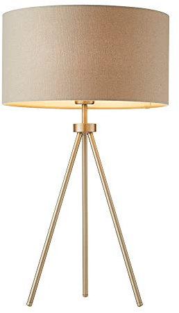 Quatro Modern Matt Nickel Tripod Switched Table Desk Lamp with a Grey Fabric Cylinder Light Shade