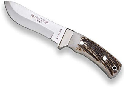 Joker Cuchillo de monte Oso CC49, hoja de 12 cm MOVA, mango de Asta de Ciervo, con funda de cuero marrón, herramienta de pesca, caza, camping y senderismo