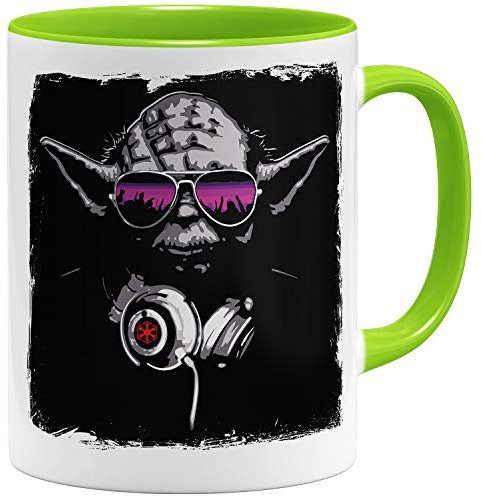 OM3® Musik Deejay DJ Yoda Kaffee-Tasse - Keramik Becher- Musikmotiv Musik - 11oz 325ml - Beidseitig Bedruckt - Hellgrün