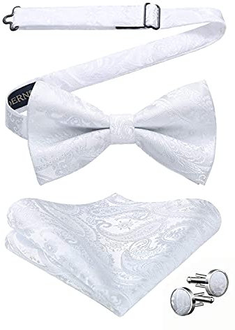 HISDERN Herren Paisley Weiß Fliege und Einstecktuch mit Manschettenknöpfe Set Verstellbare Vorgebundene Anzug Fliege für Hochzeit Smoking Business