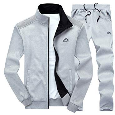 FTCayanz Trainingsanzug Herren Jogginganzug Langarm Reißverschluss Jogging Anzug Sweatshirt für Freizeit Sport Hellgrau L