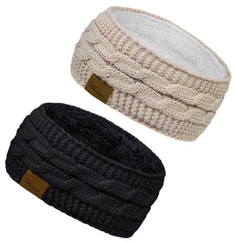 Winter Schleifen Stirnband Damen Gestrickt Warmes Stirnbänder Ohrenwärmer Kopfband Haarband Verdicken für Frauen Mädchen, Elastische Häkelarbeit Thermo Stirnband (Reines Schwarz, reines Grau)