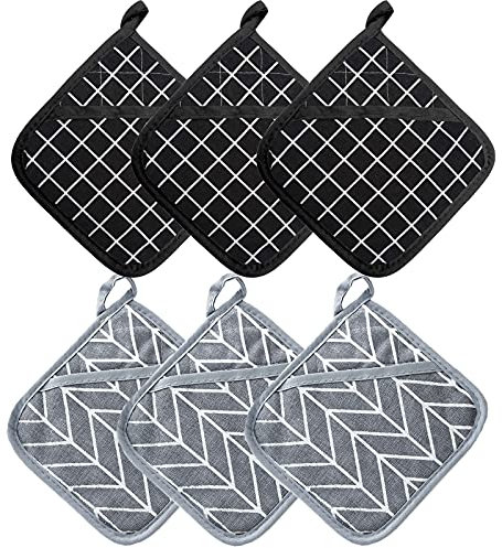 DXRPO Maniques Cuisine et Gant Four Résistants à la Chaleur 392 ° F, Gant Cuisine Four Épaisses Set de Coton Recyclé Rempli, pour la Cuisine, la Pâtisserie, 18cm x 18cm, 3PCS Gris et 3PCS Noir