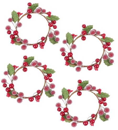 TOPBATHY 4 StüCk Mini Dekokranz Mit KüNstlichen Roten Beeren Weihnachtsdeko FüR Teelichthalter Tischdeko Festliche AnläSse Party Deko