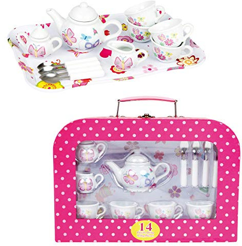 Kinder Service für Spielküche Kaffeeservice aus Porzellan mit Köfferchen