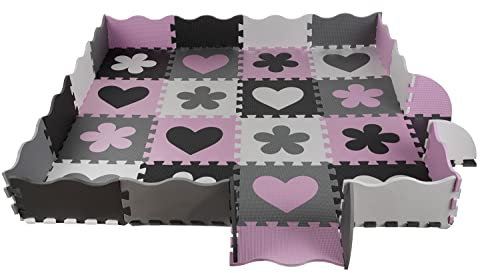Puzzle Spielteppich Spielmatte Kindertepich Schaumstoffmatte 2D 3D Tasche 16135, Farbe:Rosa-Grau