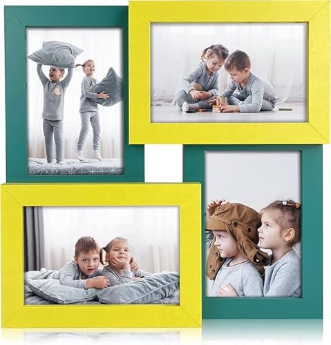 Innoteck Essentials Contemporary 4 in 1 Collage Wooden Gallery Photo Frame in Yellow-Green with Four 4 x 6 Inch Displays Puzzle horizontal and vertical – Wall hanging and Desktop Family Photo Gallery